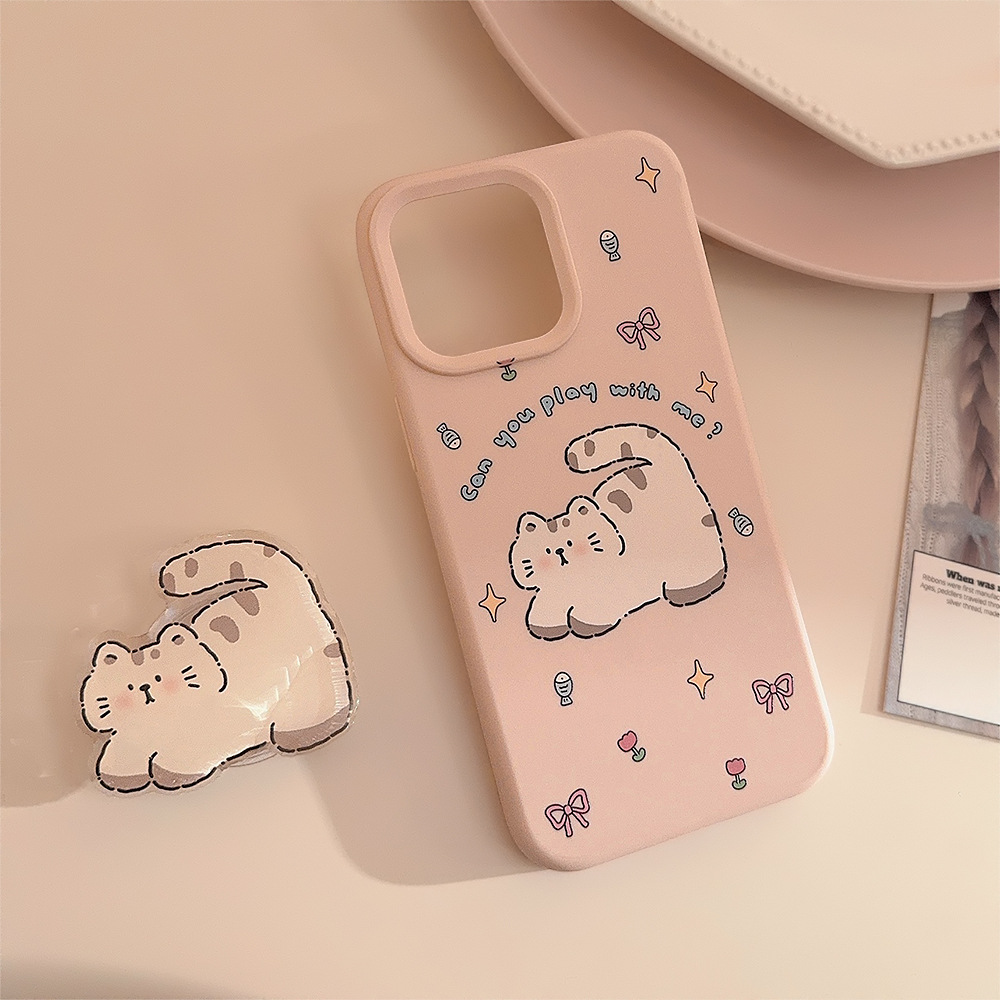 Phone Cases Girly - Korean Pink Cartoon Fat Cat Stand
