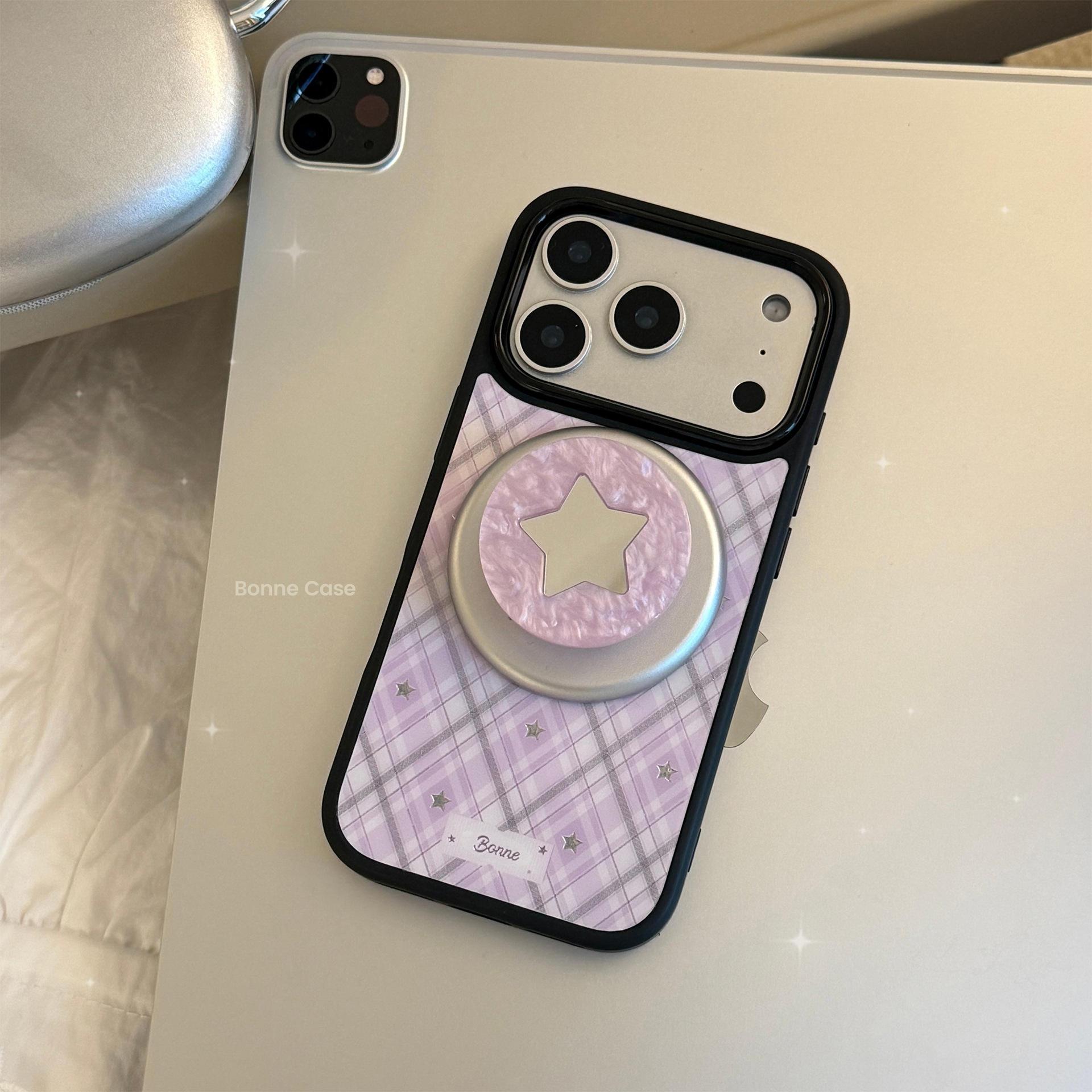 Phone Cases Girly - Korean Purple Plaid With Mirror Stars