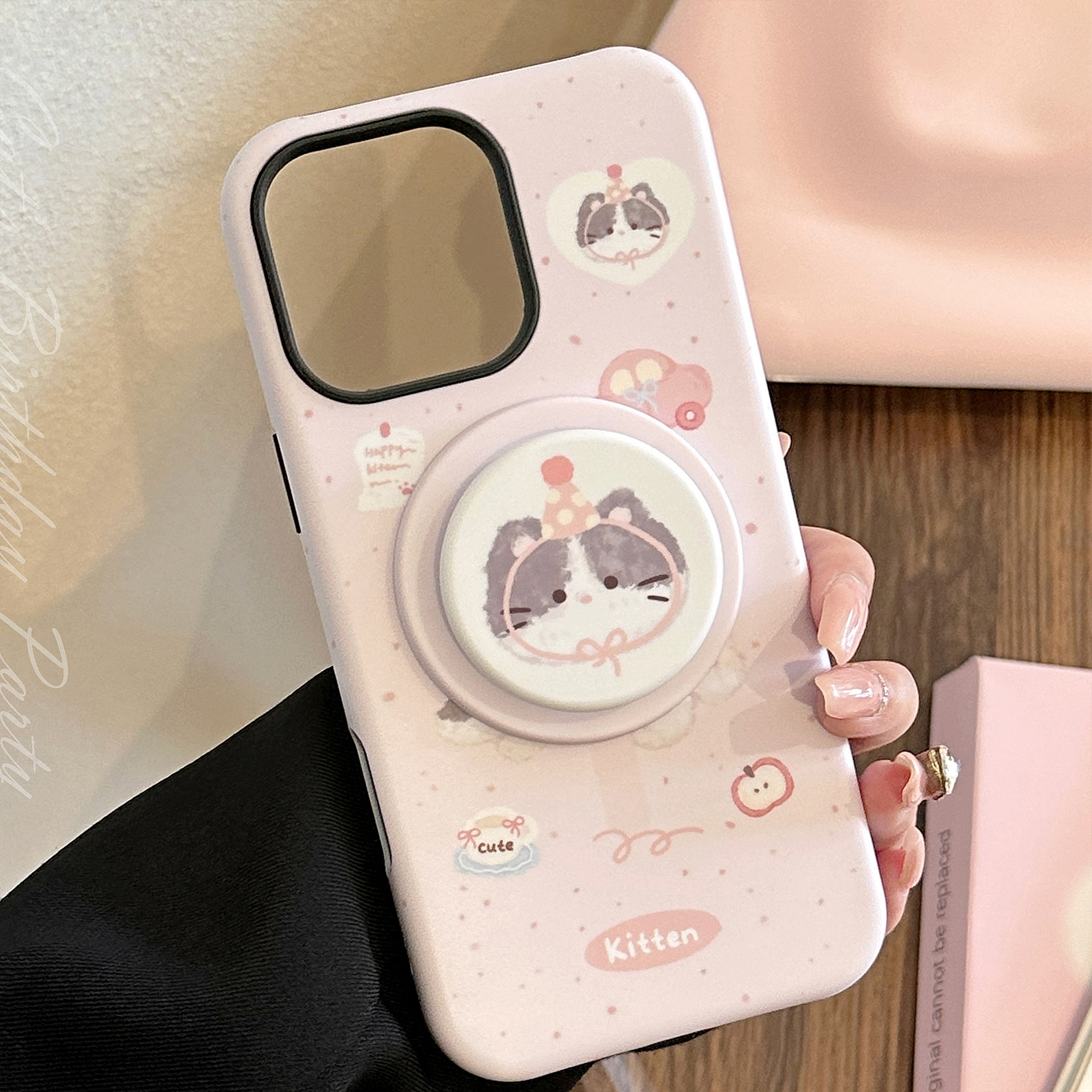 Phone Cases Girly - Korean Pink Cartoon Cat Magnetic Bracket